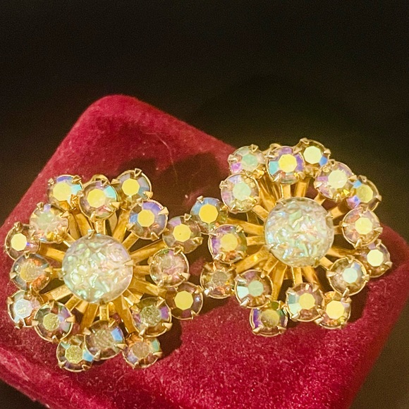 Gold and Aurora Borealis Rhinestone Starburst Clip Earrings - Picture 11 of 13